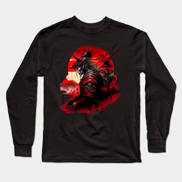 Samurai black and red sun Long Sleeve T-Shirt by NemfisArt